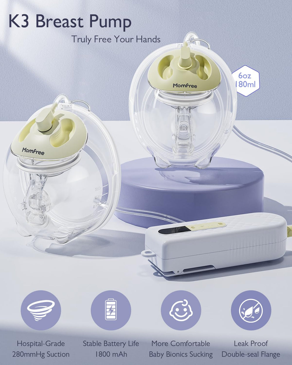 Momfree K3 milk-collector-180ml captures larger volumes for fewer interruptions.