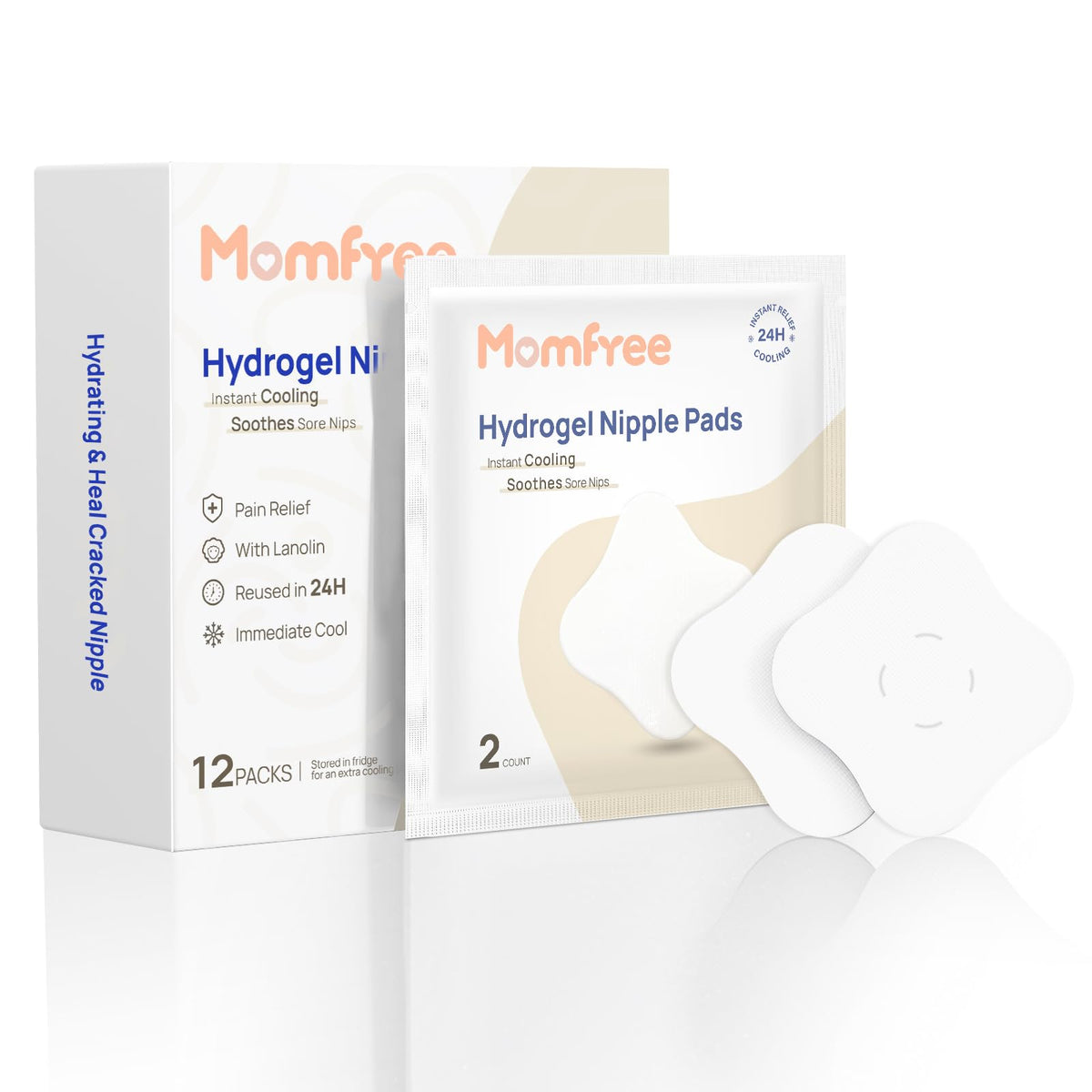 Momfree hydrogel nipple pads close-up demonstrates instant relief during feeding.