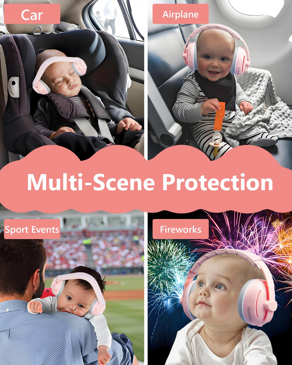 Momfree plane travel ear muffs in airplane setting for quiet travel.