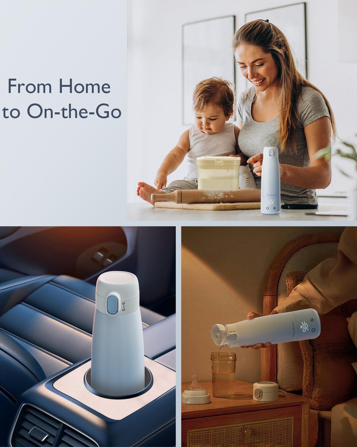 Momfree leak-proof cap and anti-slip base keeping bottles steady during transport.
