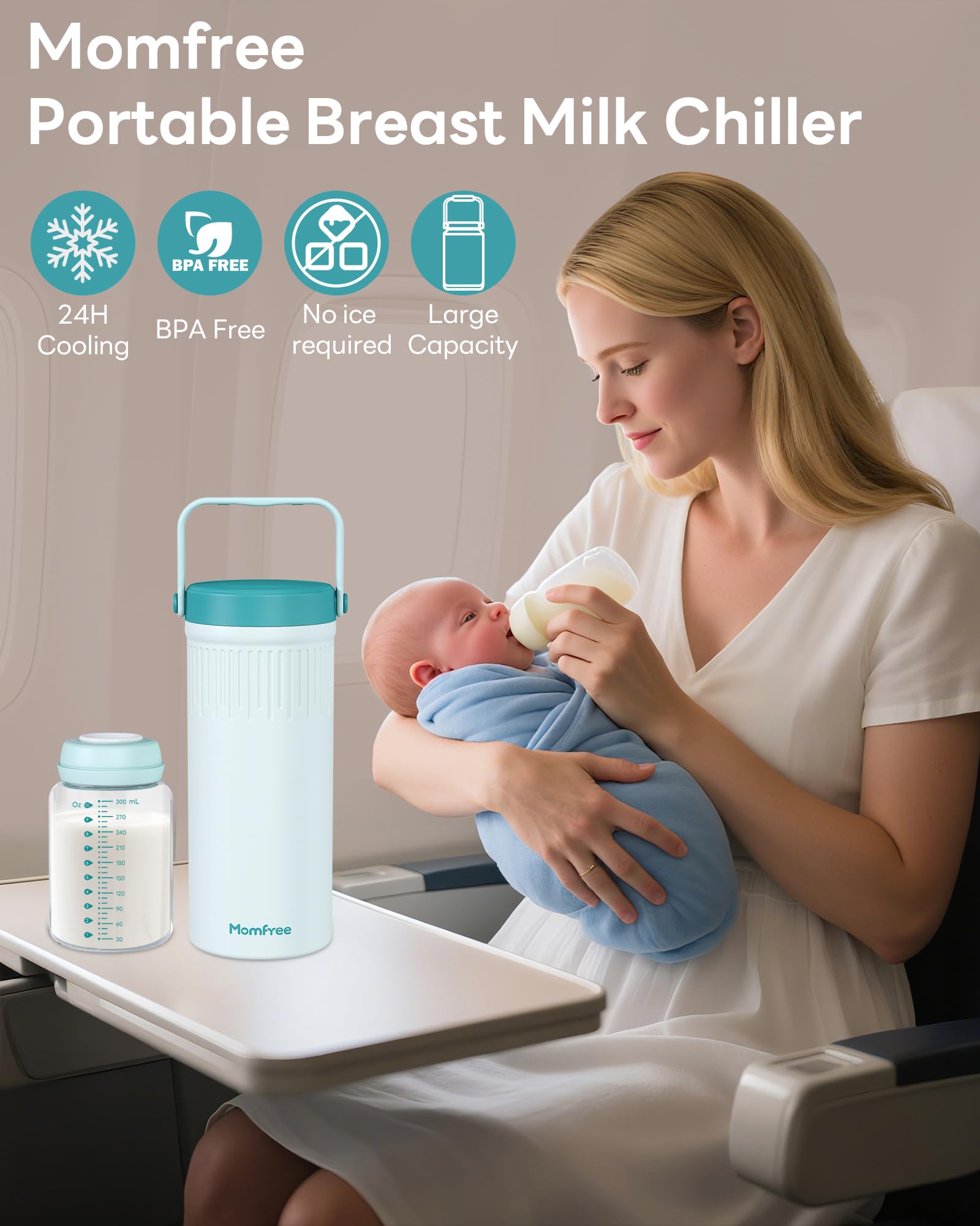 Momfree portable breastmilk cooler side view highlights travel-friendly design and secure storage.