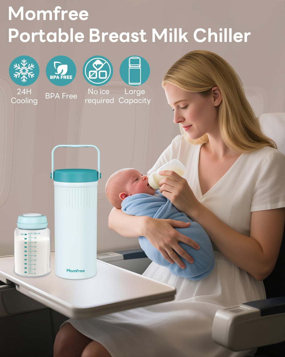 Momfree portable breastmilk cooler side view highlights travel-friendly design and secure storage.