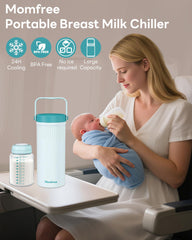 Momfree portable breastmilk cooler side view highlights travel-friendly design and secure storage.