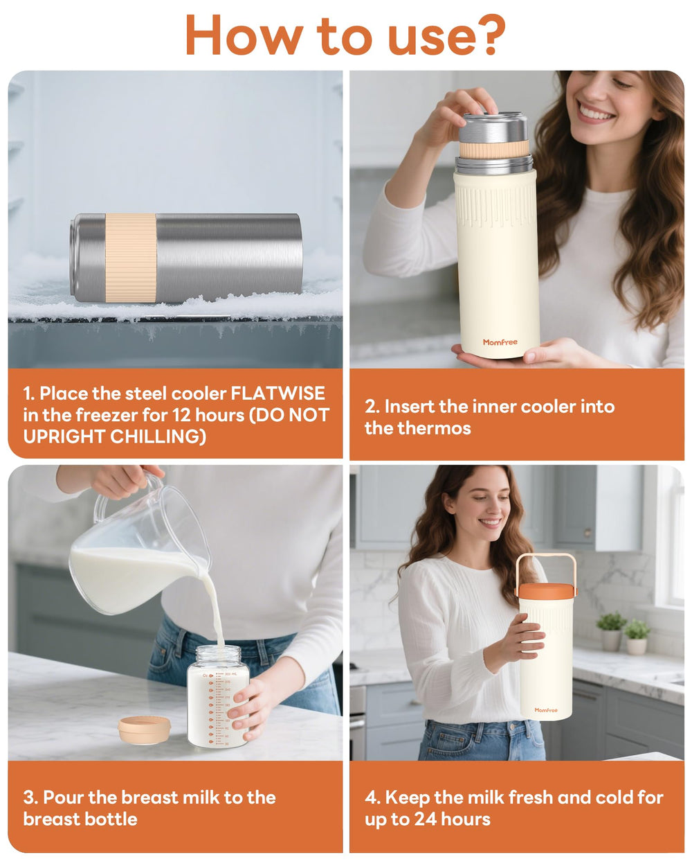 Momfree rapid-chill interior cools milk quickly without ice packs.