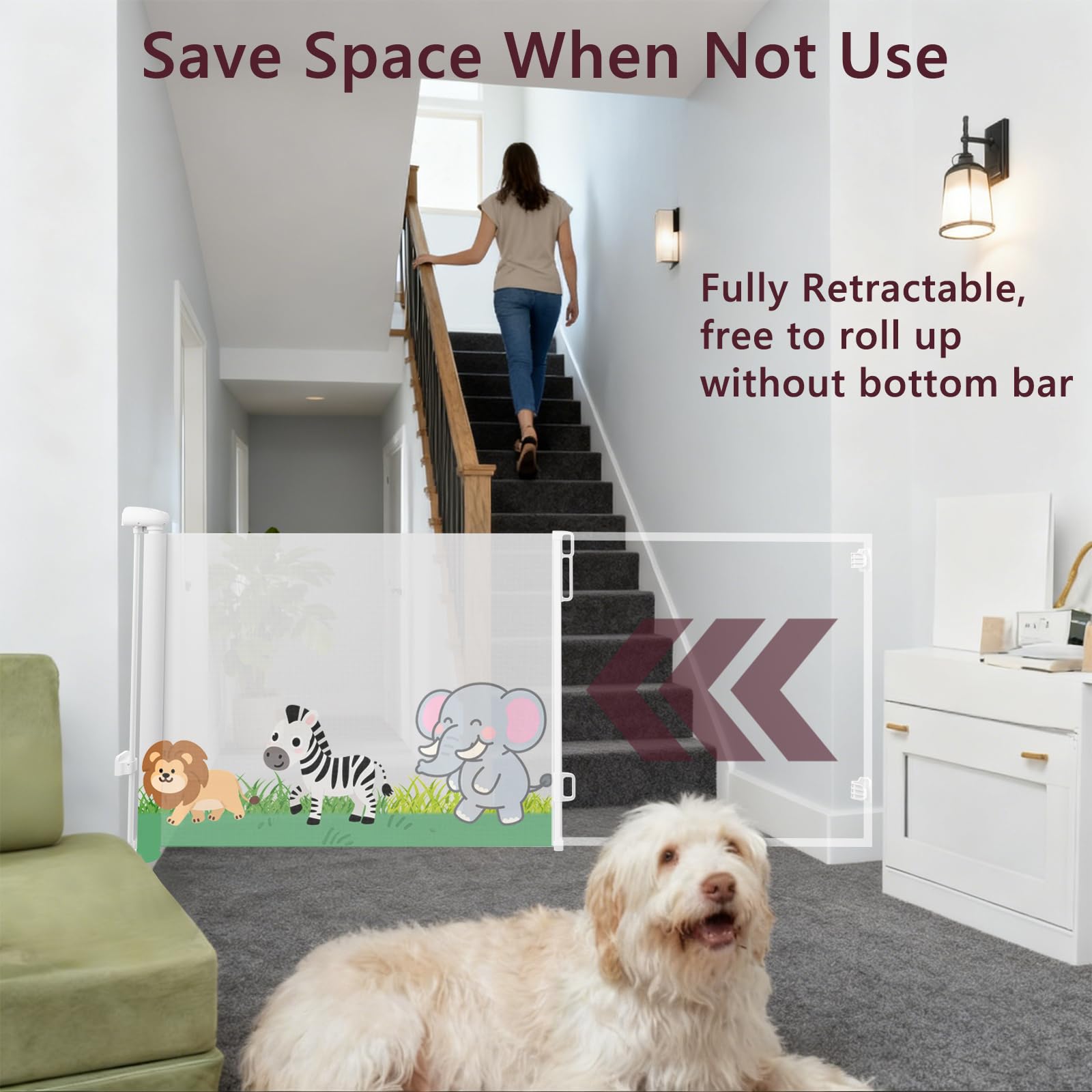 Momfree retractable gate extended to 120 inches for extra-wide openings.