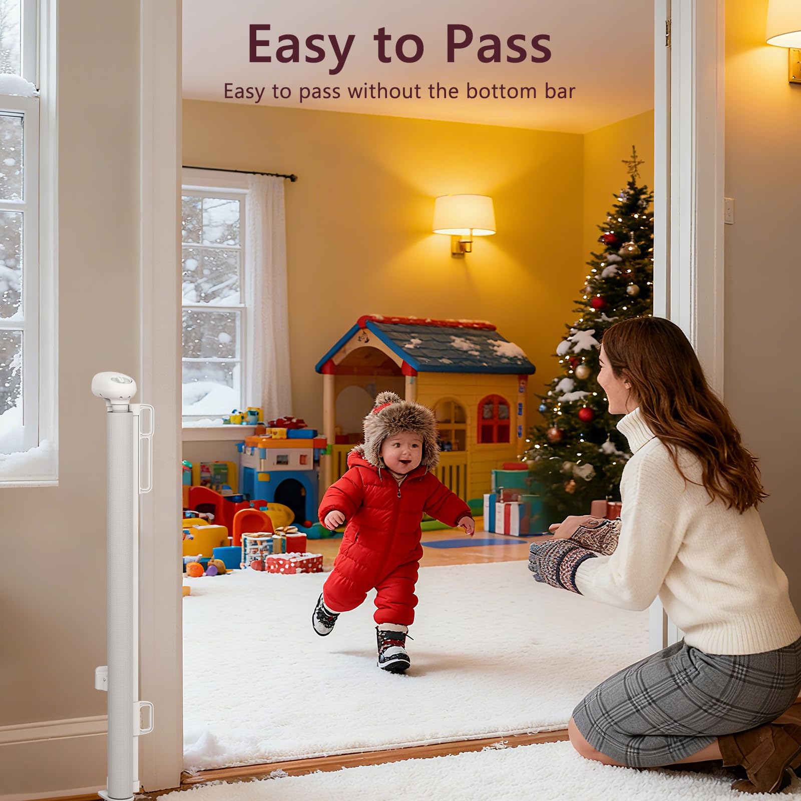 Momfree retractable gate stores in discreet housing when not in use.