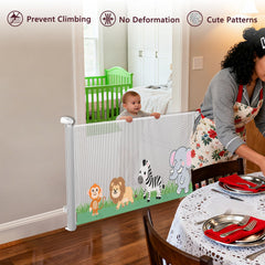 Momfree retractable gate on stairs provides safe barrier for pets and kids.