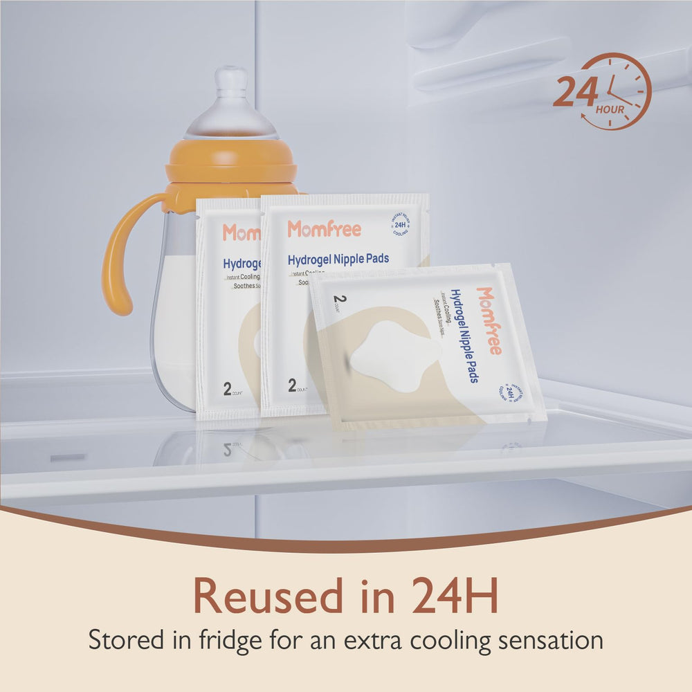 Momfree reusable cooling breast pads shown in nursing scenario.