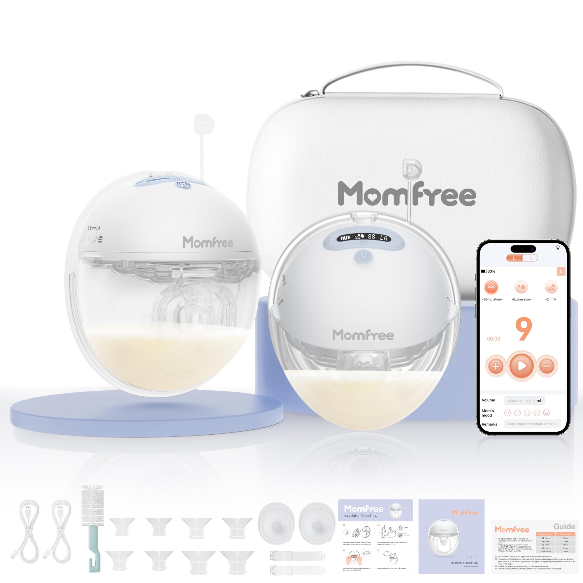 Momfree wearable double breast pump front view showing compact hands-free design for busy moms
