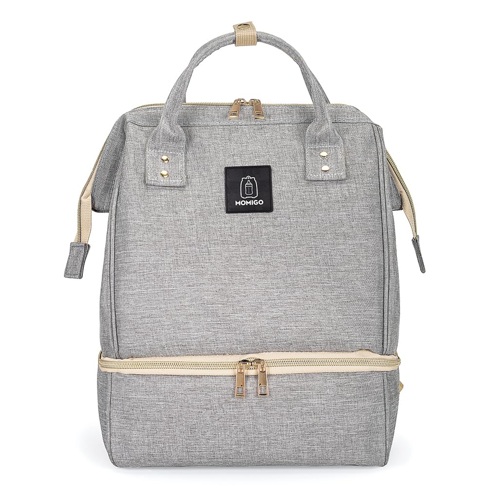 MOMIGO breast pump backpack grey shows dual-layer cooler top layer for dry items.