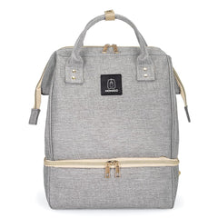 MOMIGO breast pump backpack grey shows dual-layer cooler top layer for dry items.