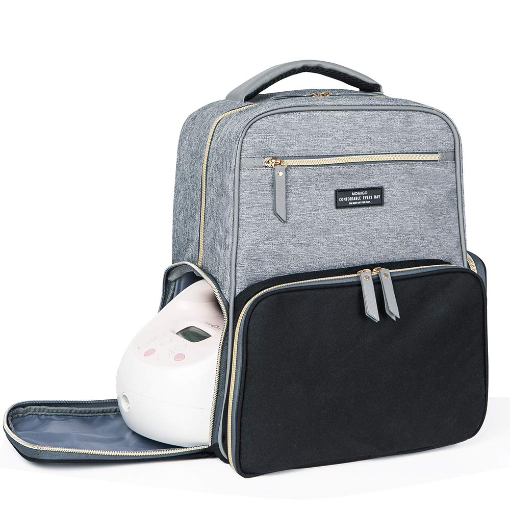 MOMIGO breast pump backpack front view shows stylish insulated design for on-the-go milk storage