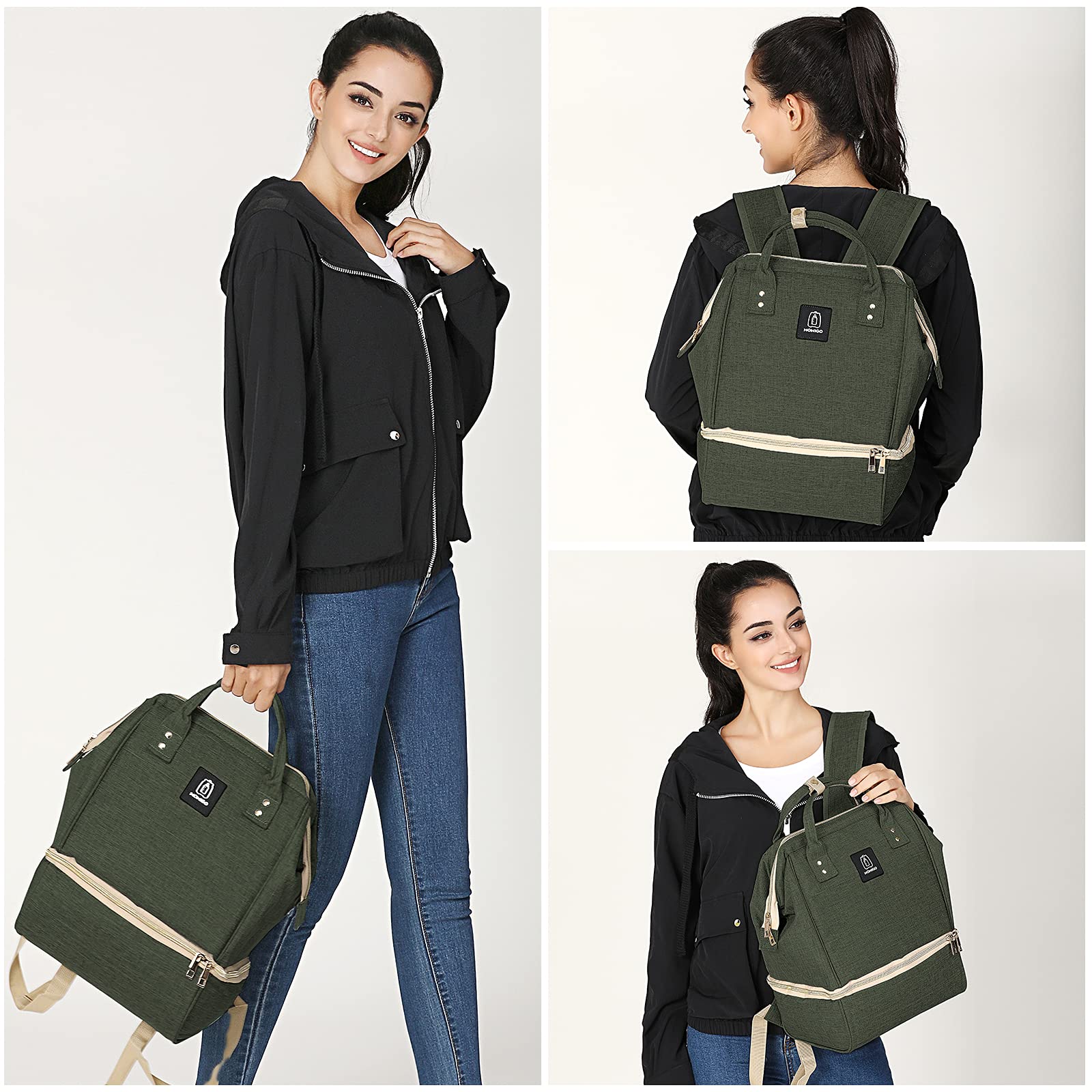 MOMIGO backpack side view showing ergonomic carry for comfortable all-day use.