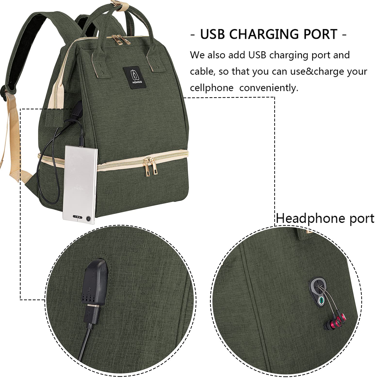 MOMIGO USB port on backpack enables convenient charging during pumping sessions.