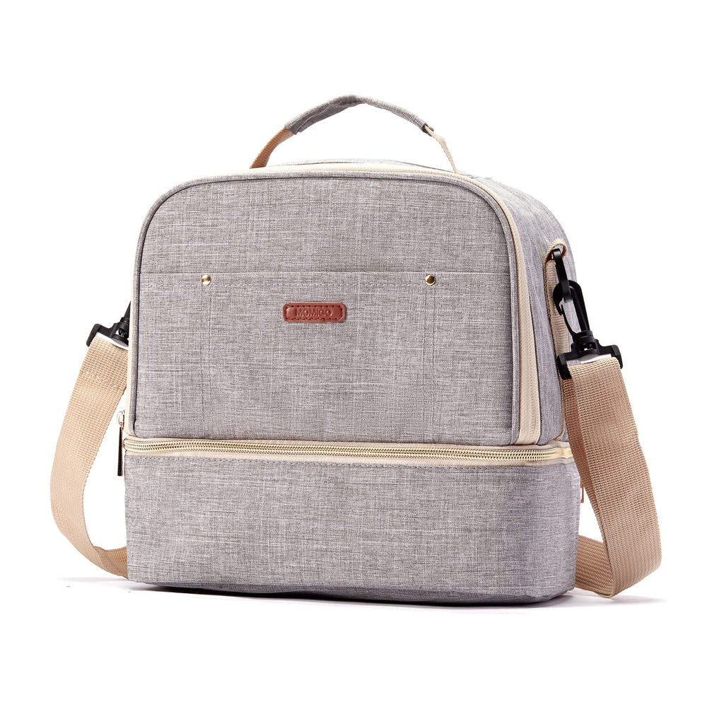 MOMIGO breast pump bag grey front view for on-the-go pumping and style