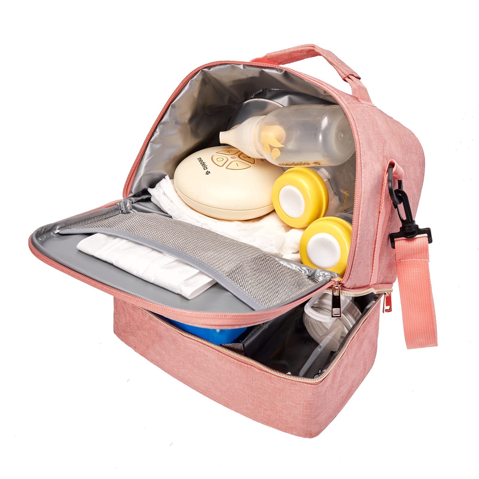 MOMIGO breastpump bag pink ice pack fits inside to help keep milk cold.