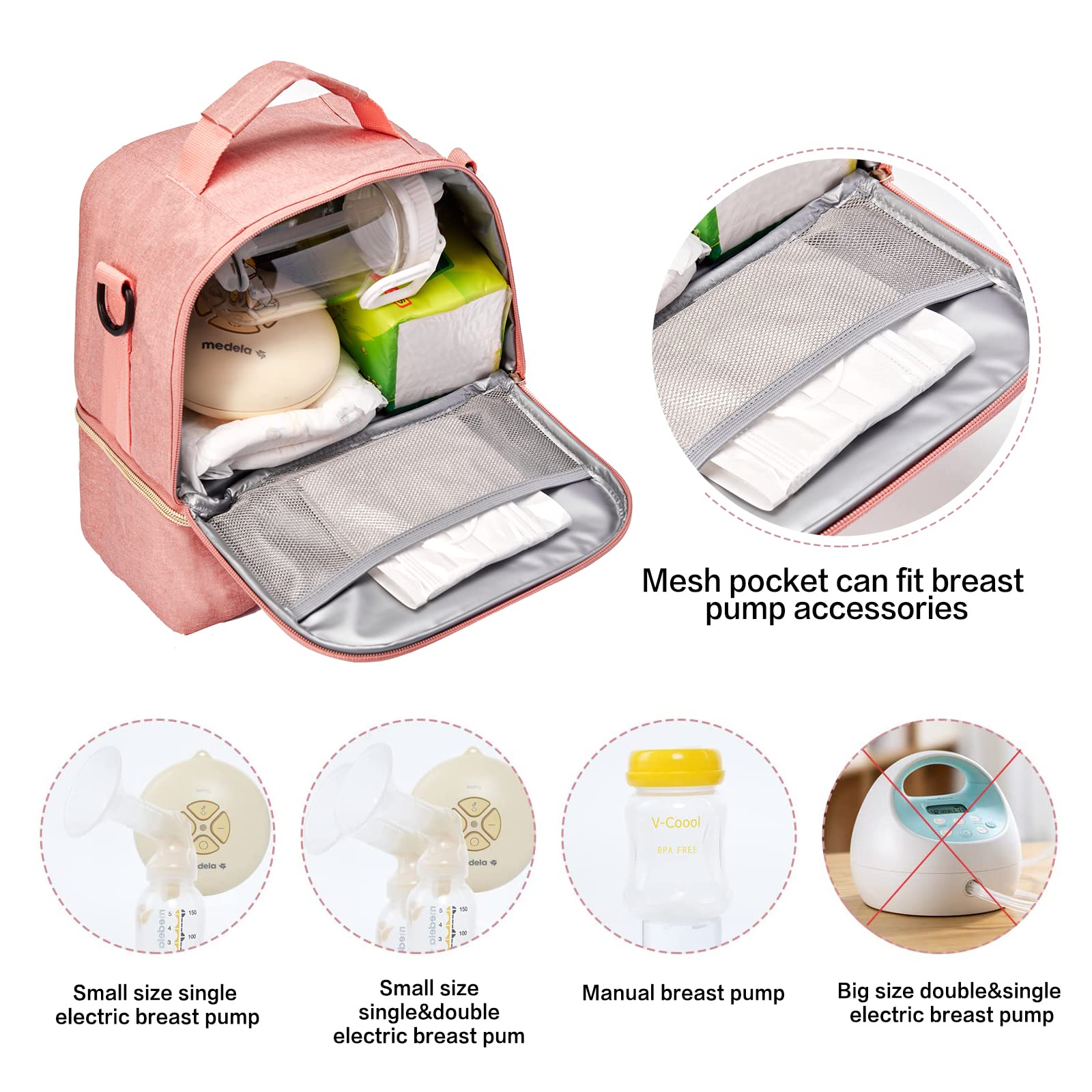 MOMIGO breastpump bag pink top layer open reveals dry storage for pump and accessories.
