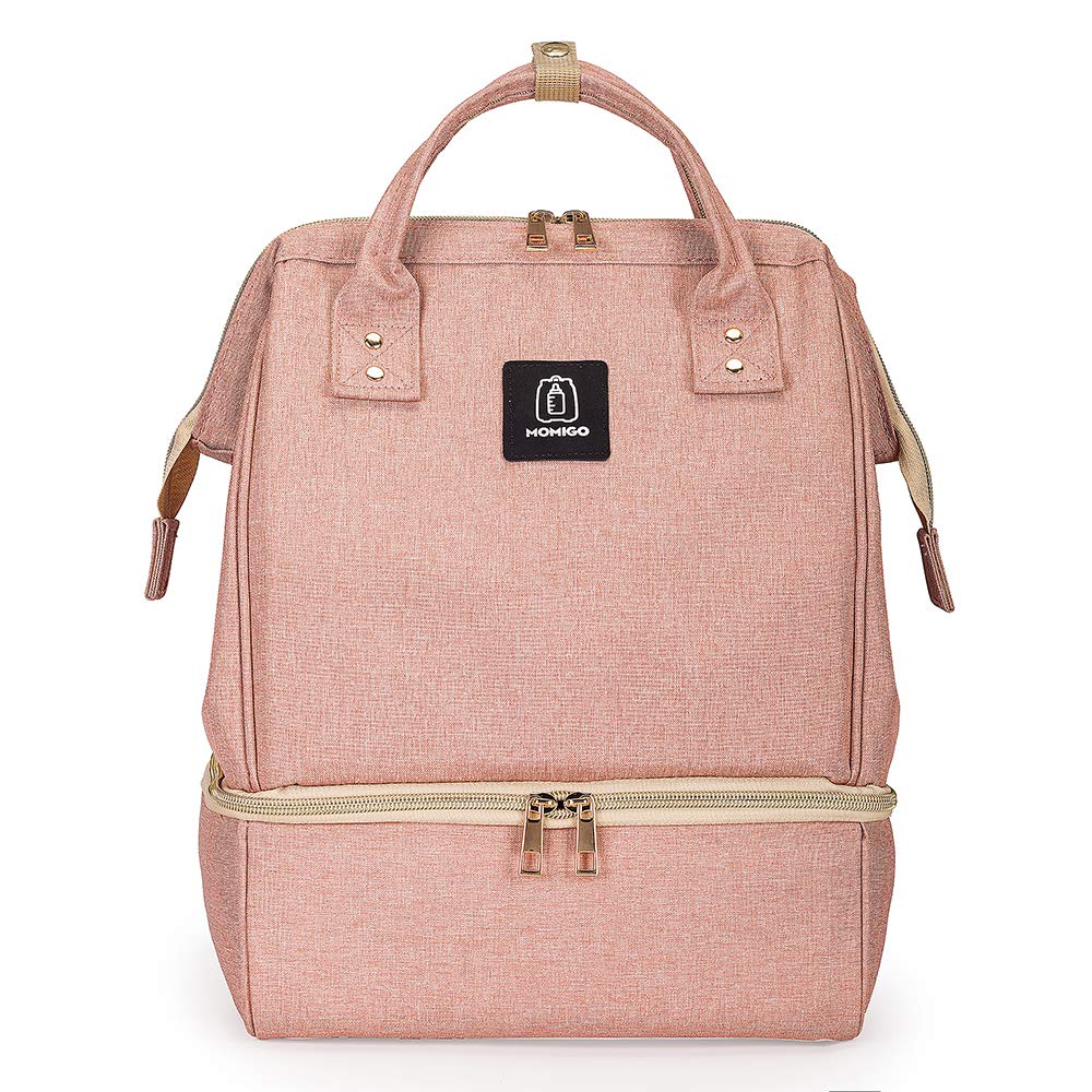 MOMIGO DiaperBreast Pump Backpack pink front view shows portable design for moms on the go.