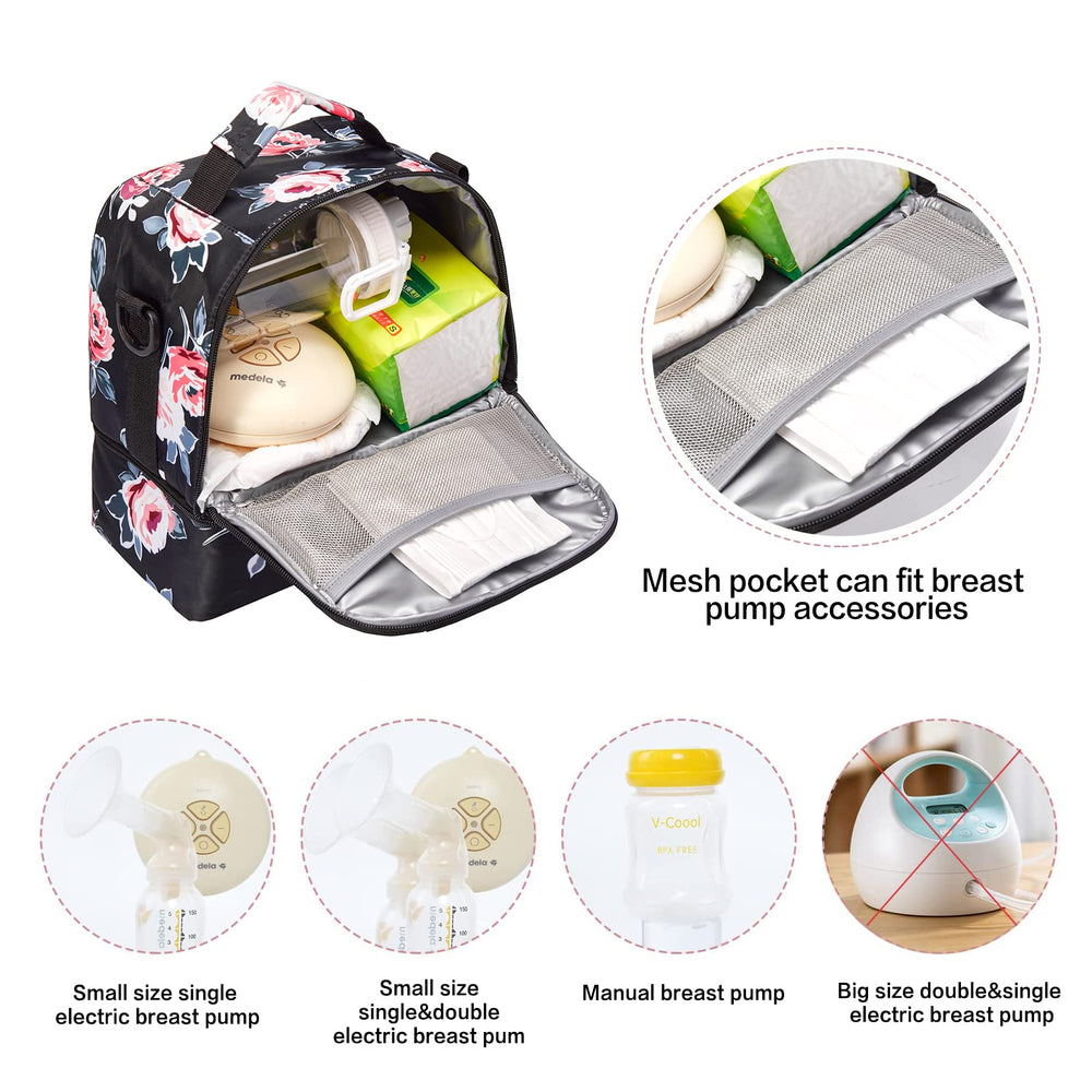 MOMIGO double-layer insulated bag highlights the top dry-item area and pump fit