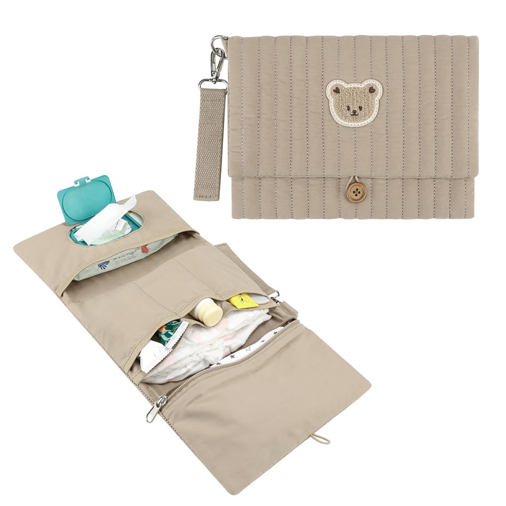 MOMIGO Love Bear embroidery on cream diaper bag for stylish daily outings.