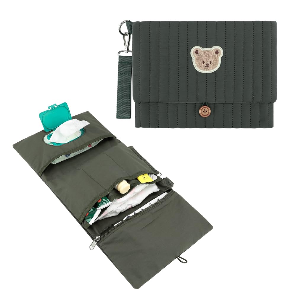 MOMIGO Love Bear embroidery on cream fabric for stylish baby travel organization.
