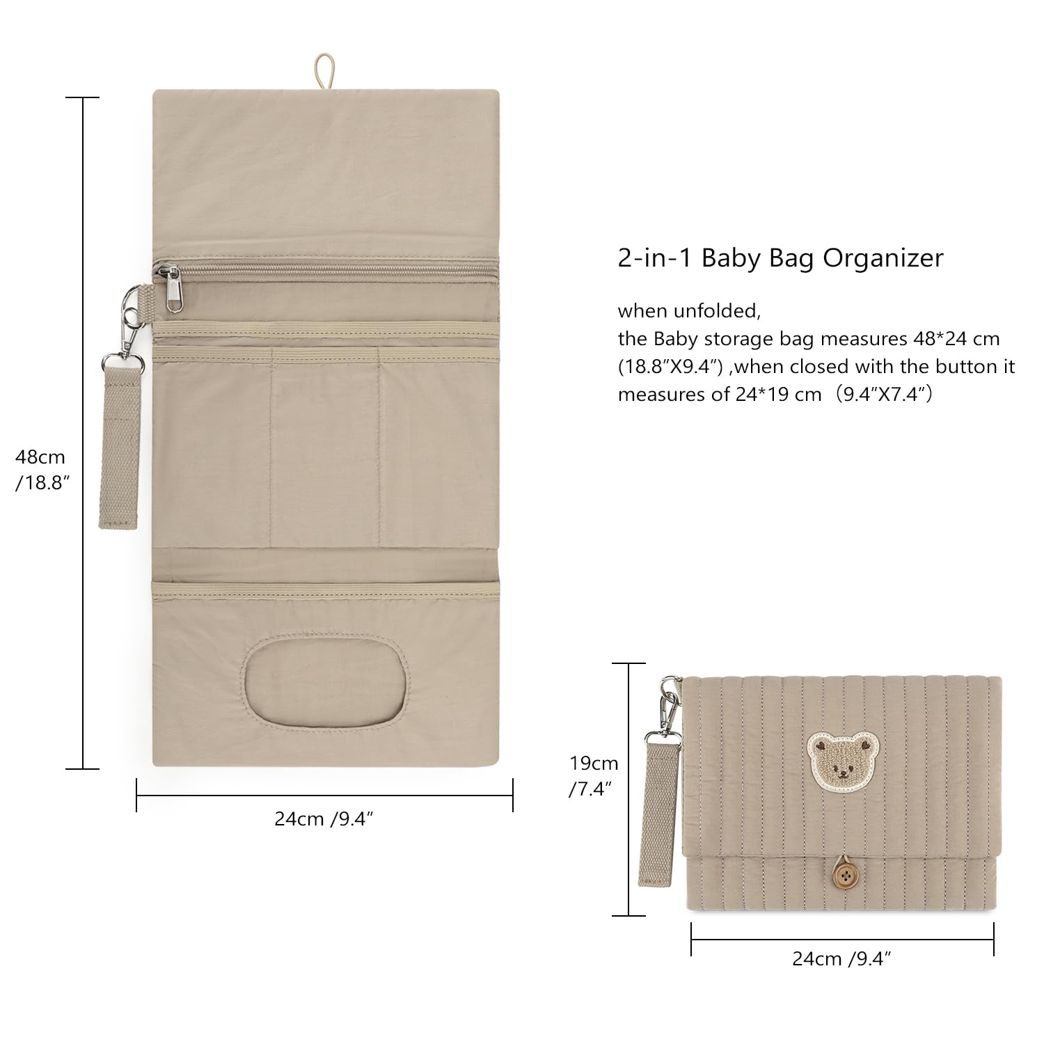 MOMIGO multiple compartments help organize diapers, wipes, clothes and bottles.