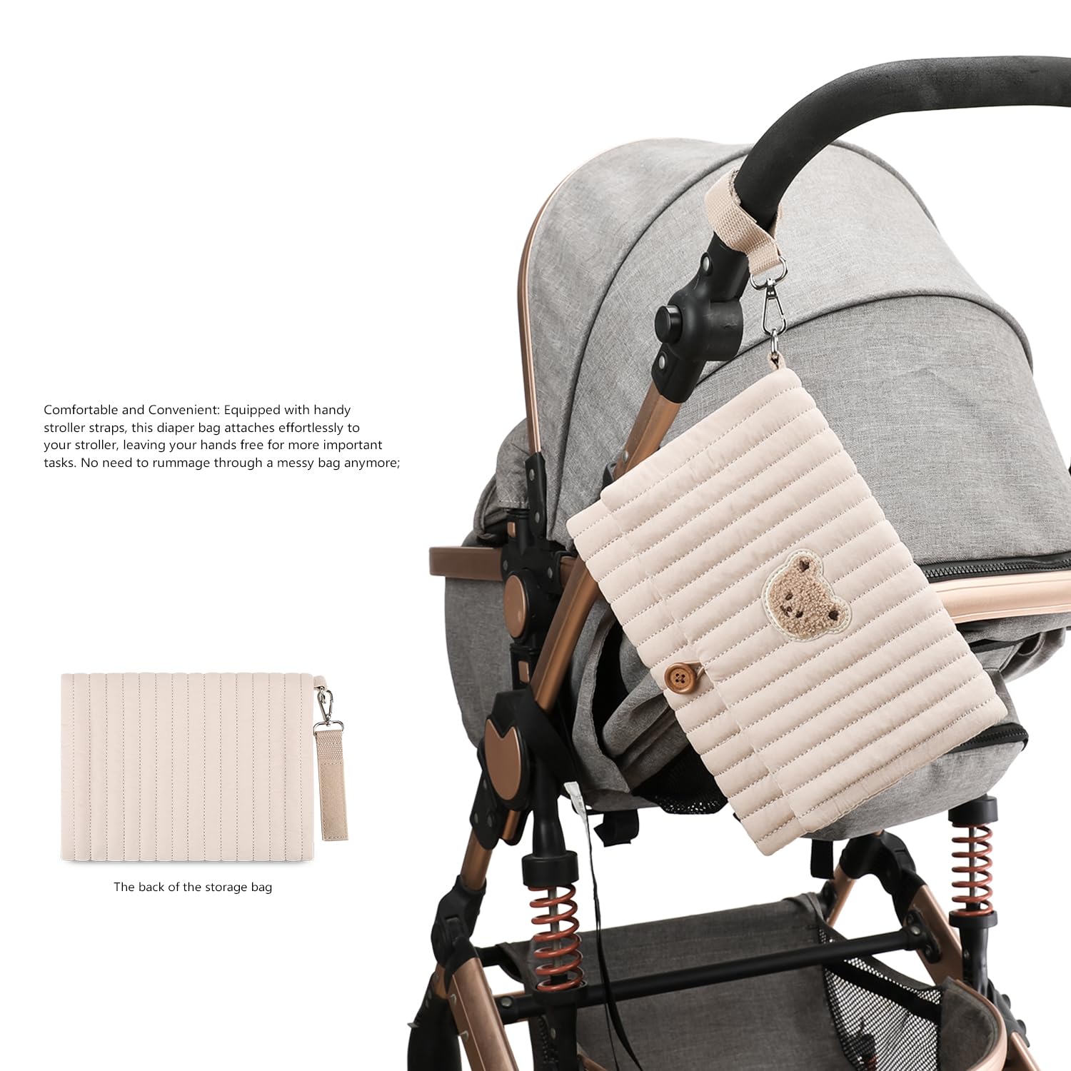 MOMIGO smart storage pockets for diapers, wipes, bottles, and clothes during family outings.