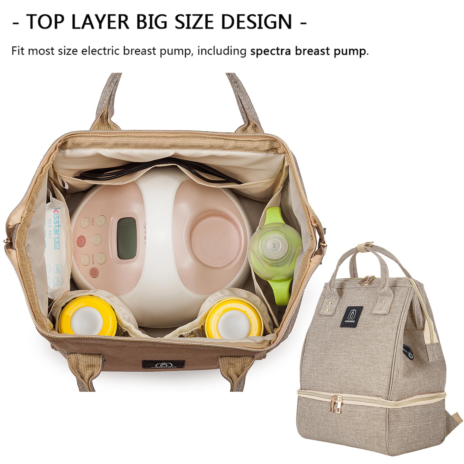 MOMIGO top dry-compartment holds pump accessories for quick access