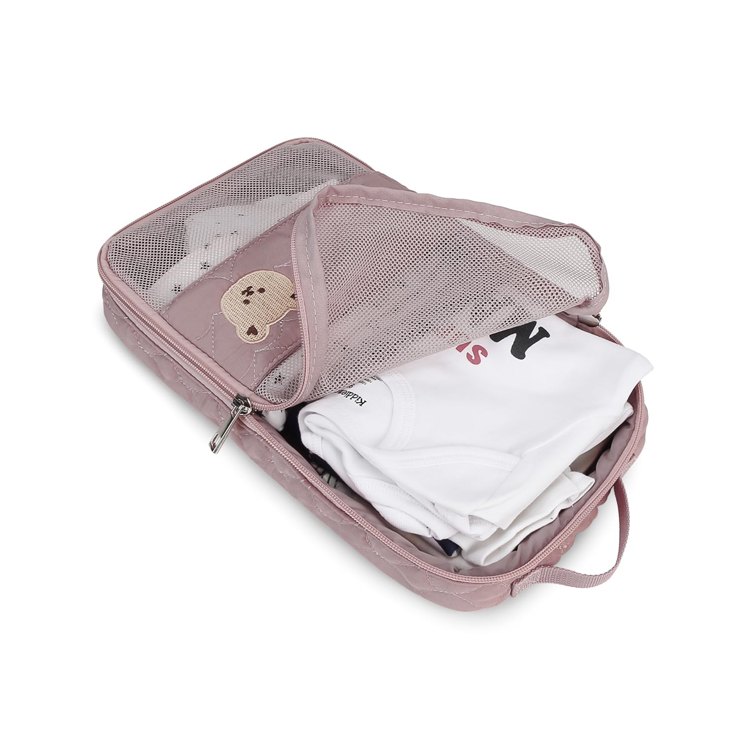 MOMIGO two-zipper pouches simplify organization of toys, creams, and clothing.