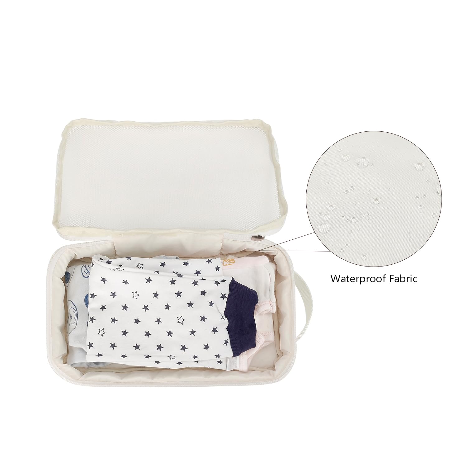 MOMIGO two-zipper and snap-handle feature on a compact diaper bag pouch.