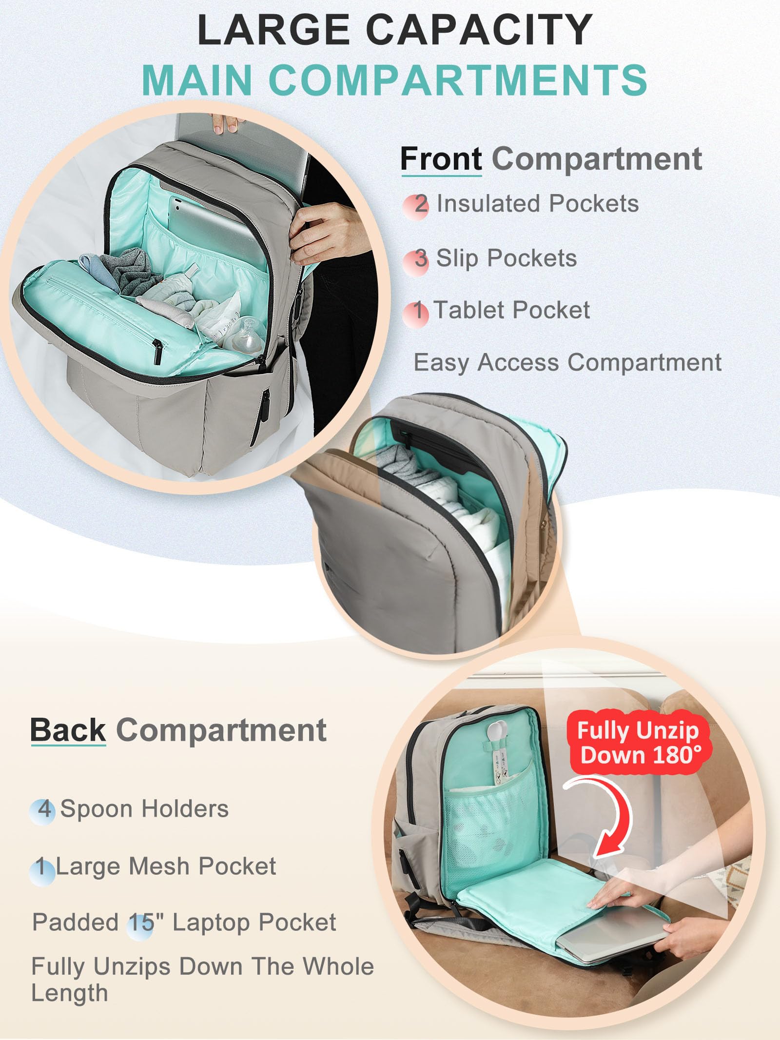 MOMINSIDE Diaper Bag Backpack with dual compartments and padded laptop pocket for moms