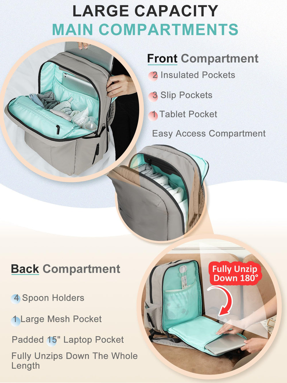 MOMINSIDE Diaper Bag Backpack with dual compartments and padded laptop pocket for moms