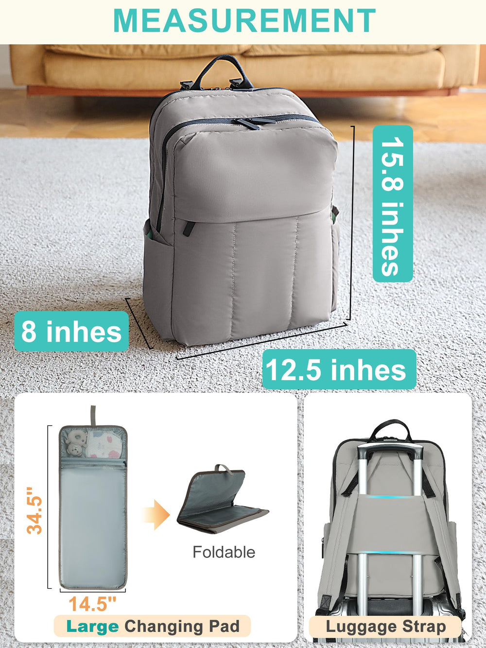 MOMINSIDE Diaper Bag Backpack enlarged changing pad provides extra surface area