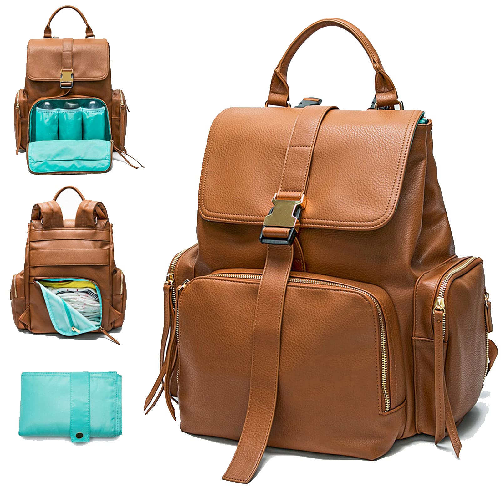 MOMINSIDE diaper bag backpack front view shows the leather exterior and spacious organization for on-the-go parents.