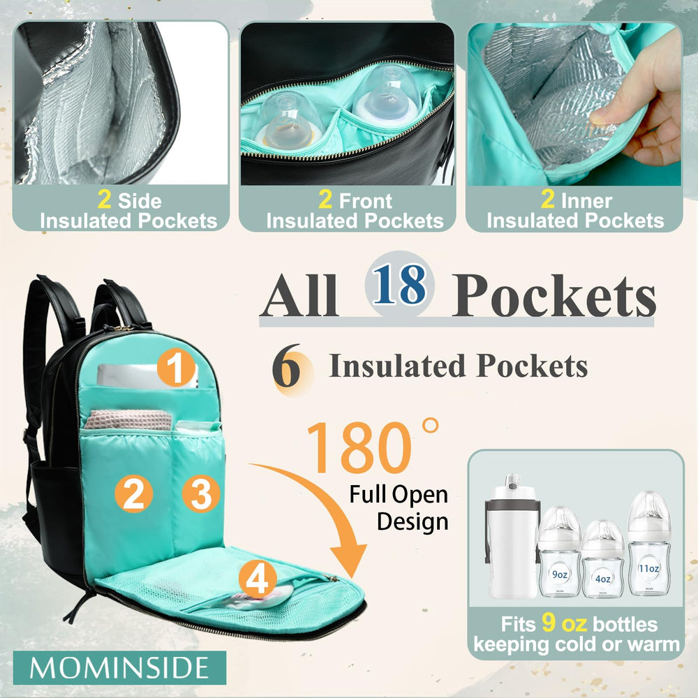 MOMINSIDE insulated pockets keep bottles warm or baby food cool during outings.