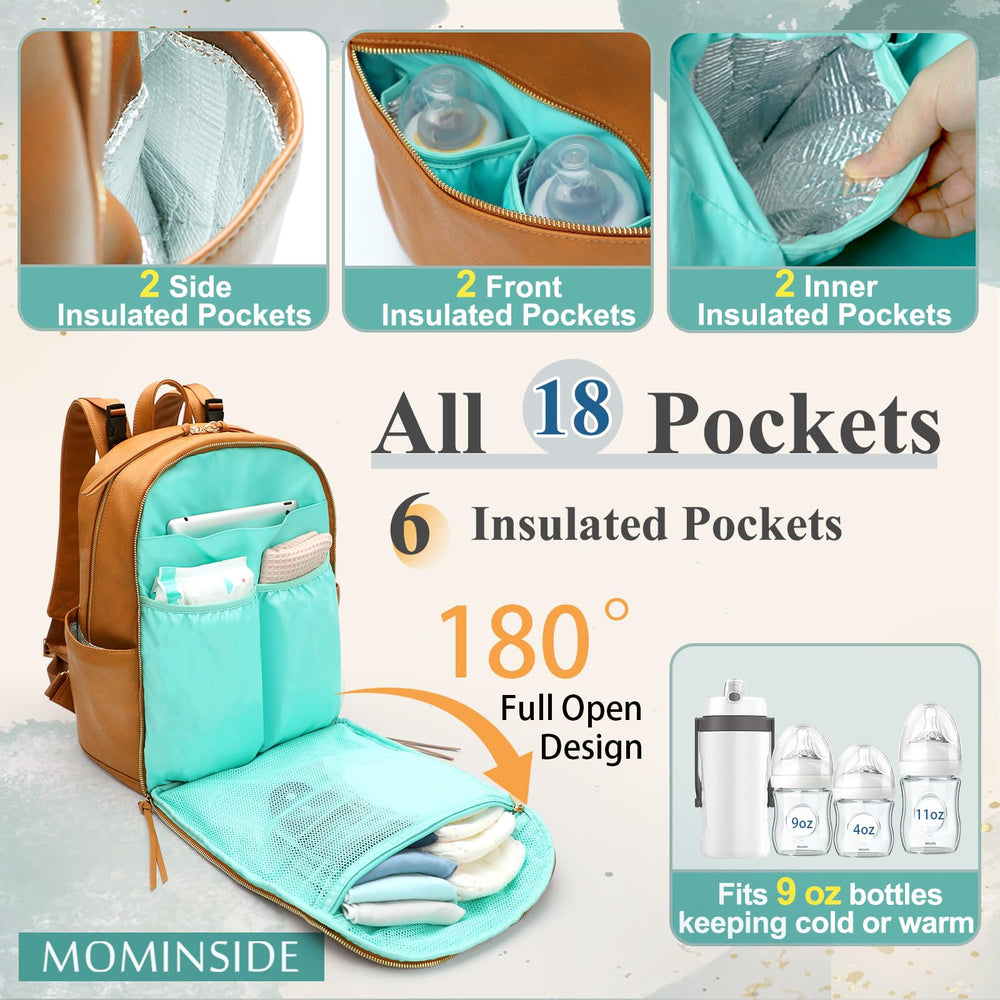 MomInside diaper bag backpack open design shows wide opening for easy baby-item retrieval.