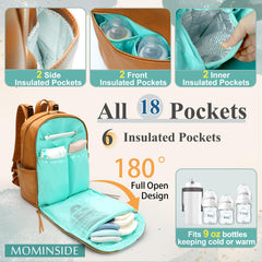 MomInside diaper bag backpack open design shows wide opening for easy baby-item retrieval.