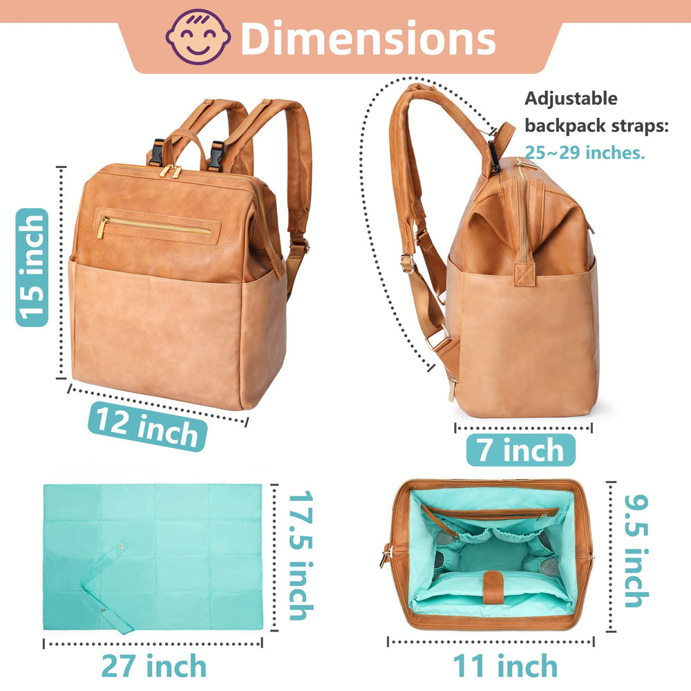 MOMINSIDE diaper bag backpack resting on metal feet to stay upright when set down.