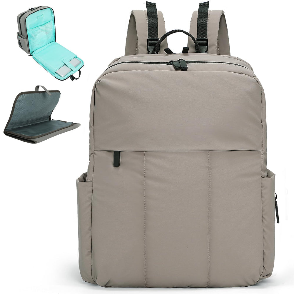 MOMINSIDE Diaper Bag Backpack front view highlights quilted grey exterior and easy-access pockets