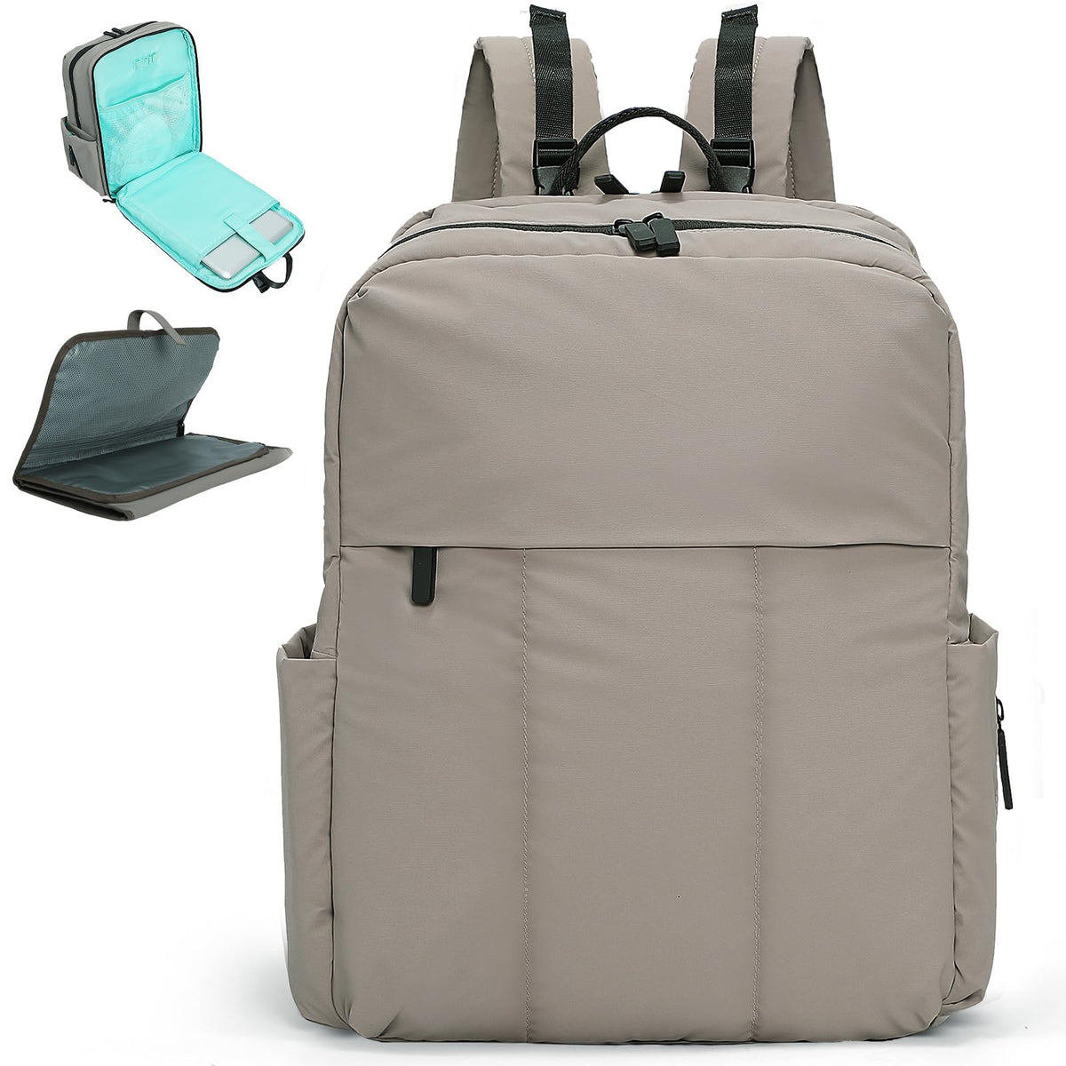 MOMINSIDE Diaper Bag Backpack front view highlights quilted grey exterior and easy-access pockets