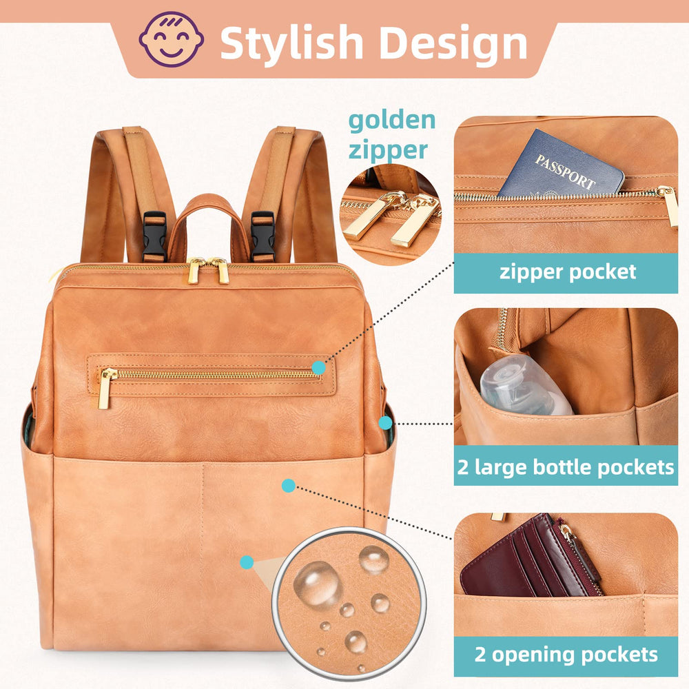 MOMINSIDE diaper bag backpack showing stroller clip option for hands-free parenting on the go.