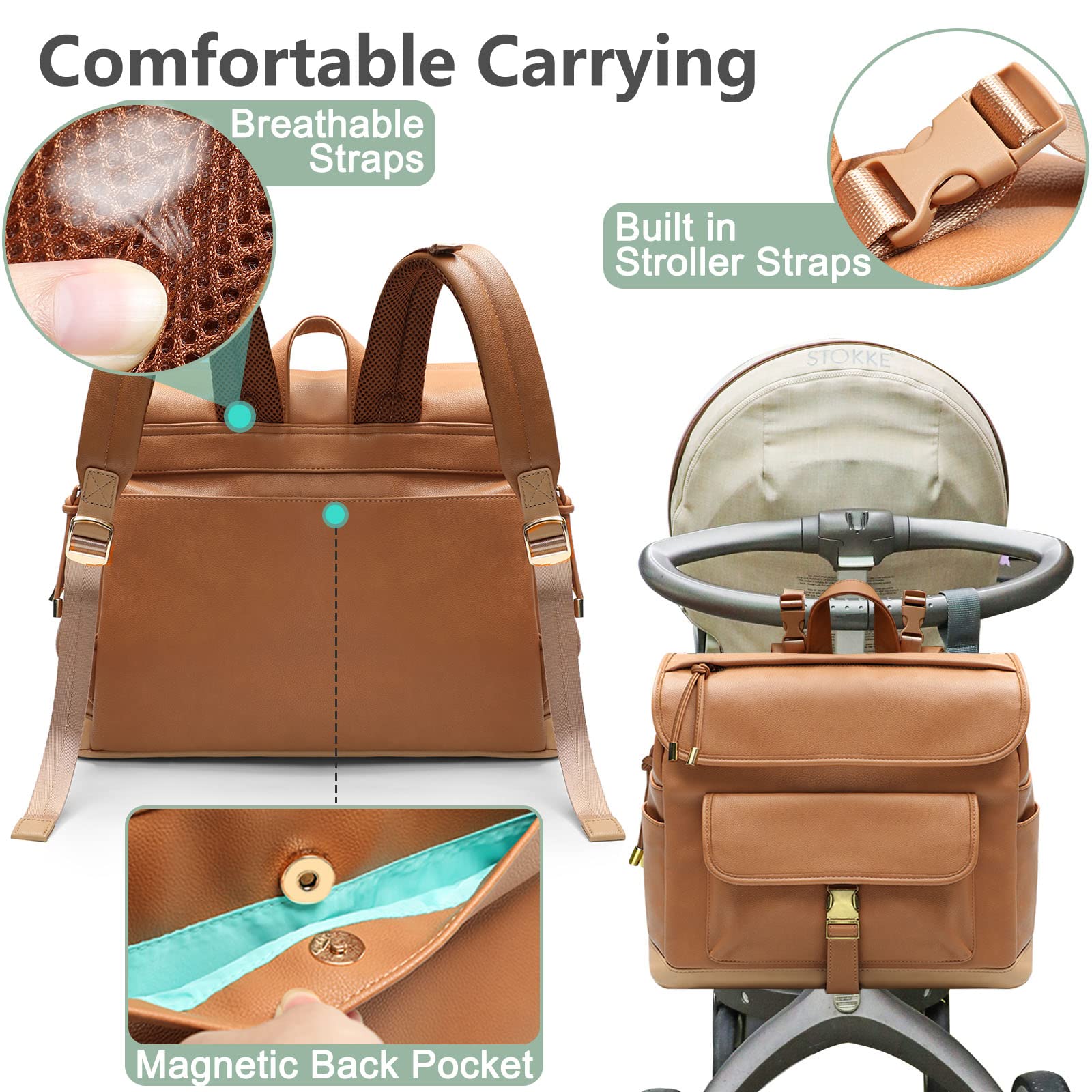 MOMINSIDE diaper bag backpack stroller clip enables hands-free strolling.