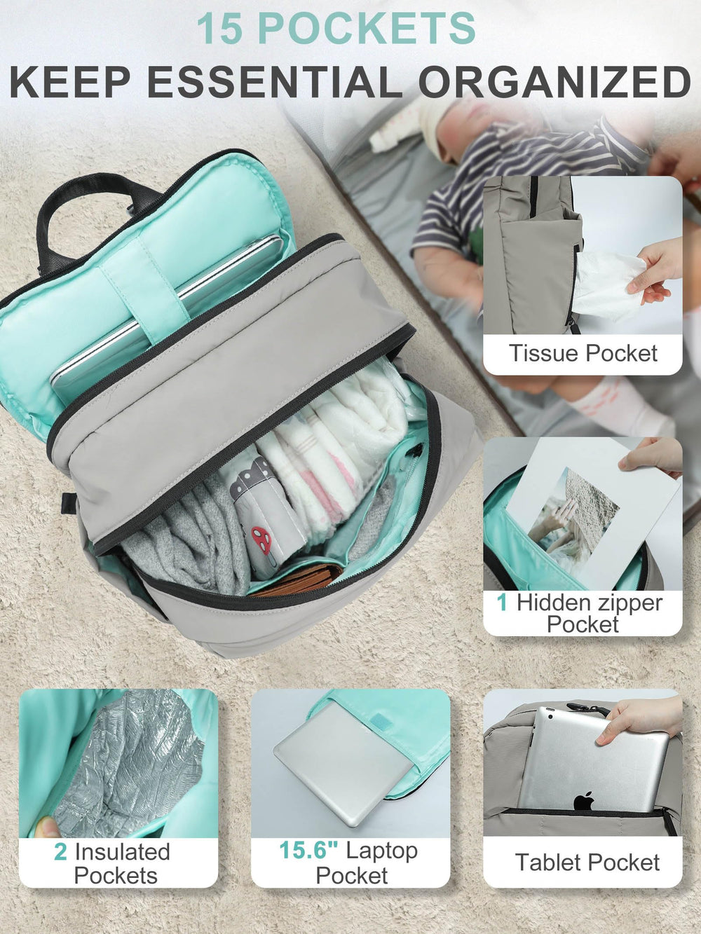 MOMINSIDE Diaper Bag Backpack waterproof outer layer for easy cleanup