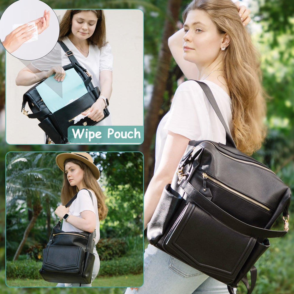 MOMINSIDE diaper bag front flap with wipe pocket for easy access to wipes