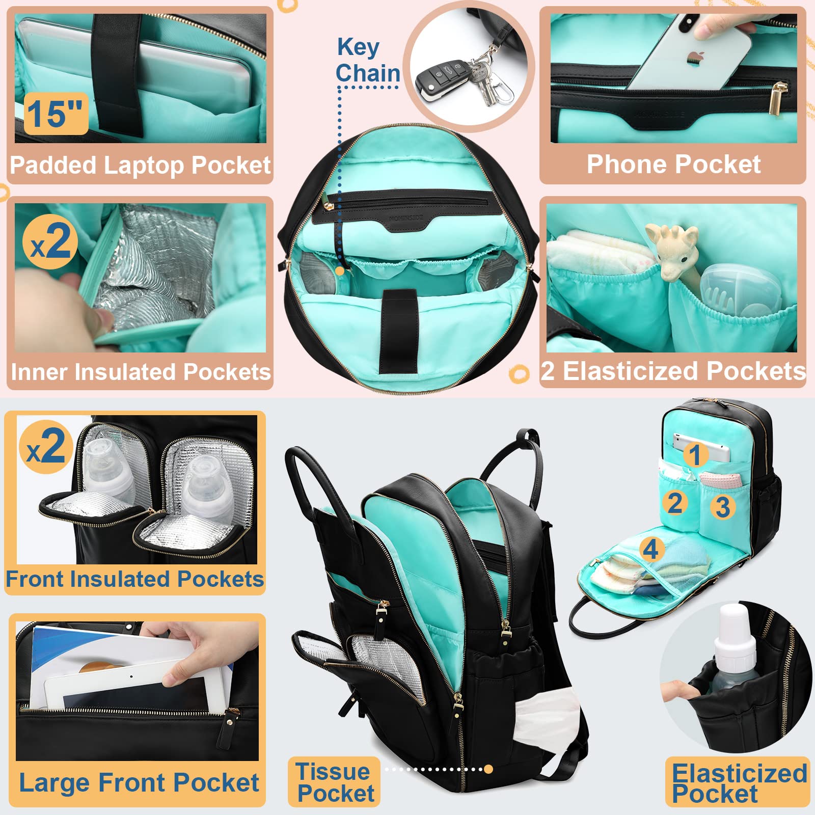 MOMINSIDE diaper bag insulated bottle pockets - organized beverage storage on the go.