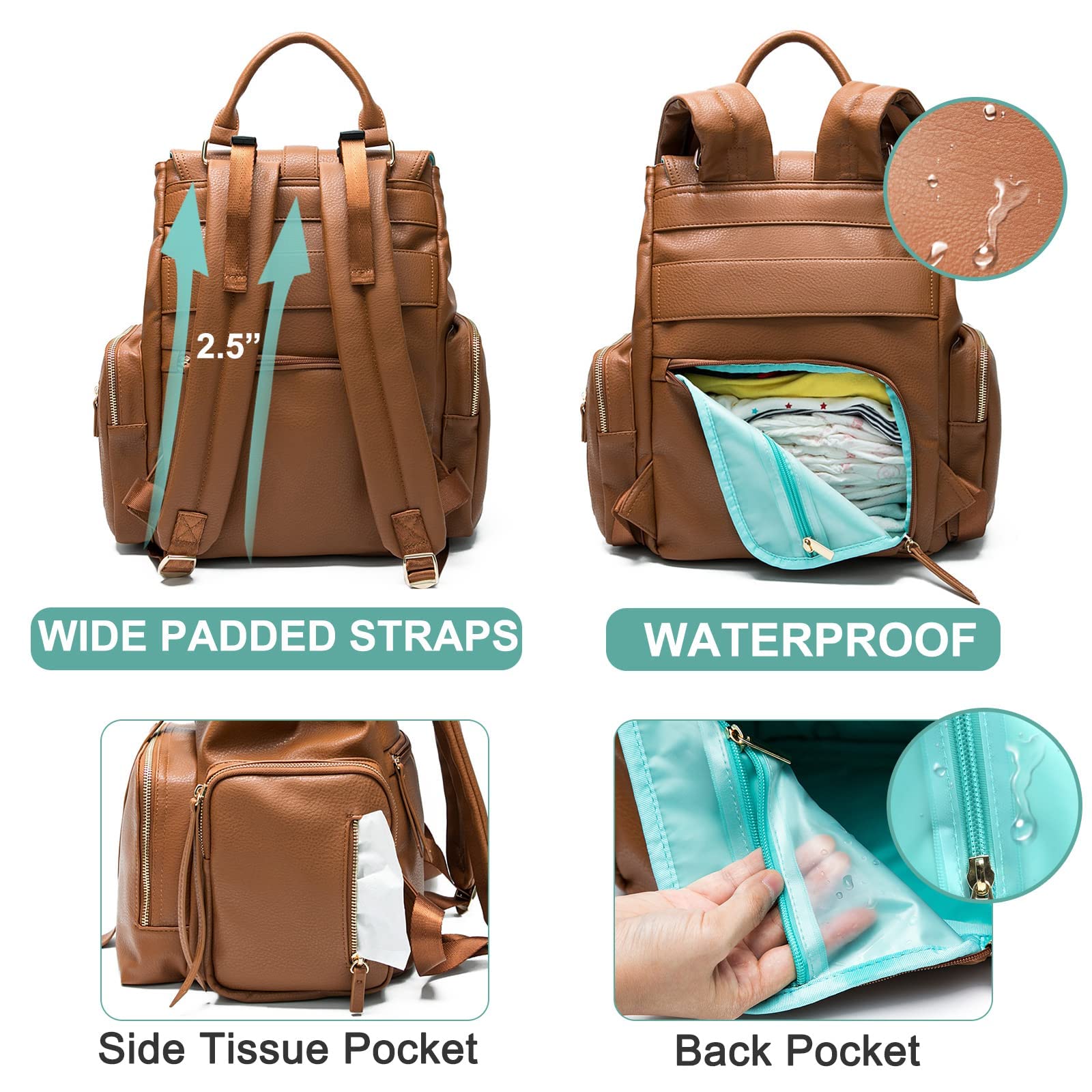 MOMINSIDE diaper bag attached to stroller using straps for hands-free travel.