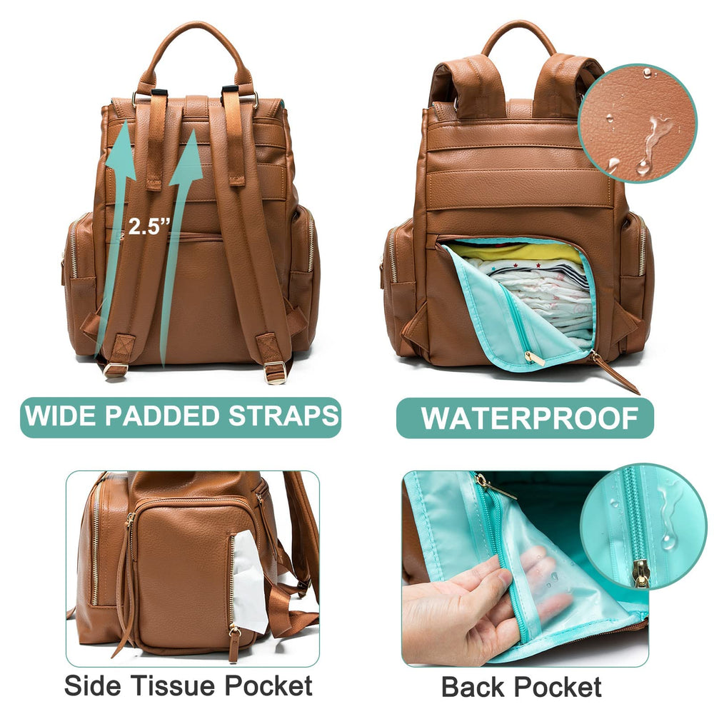MOMINSIDE diaper bag attached to stroller using straps for hands-free travel.