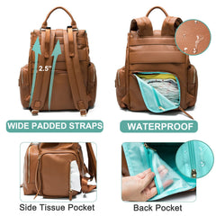 MOMINSIDE diaper bag attached to stroller using straps for hands-free travel.
