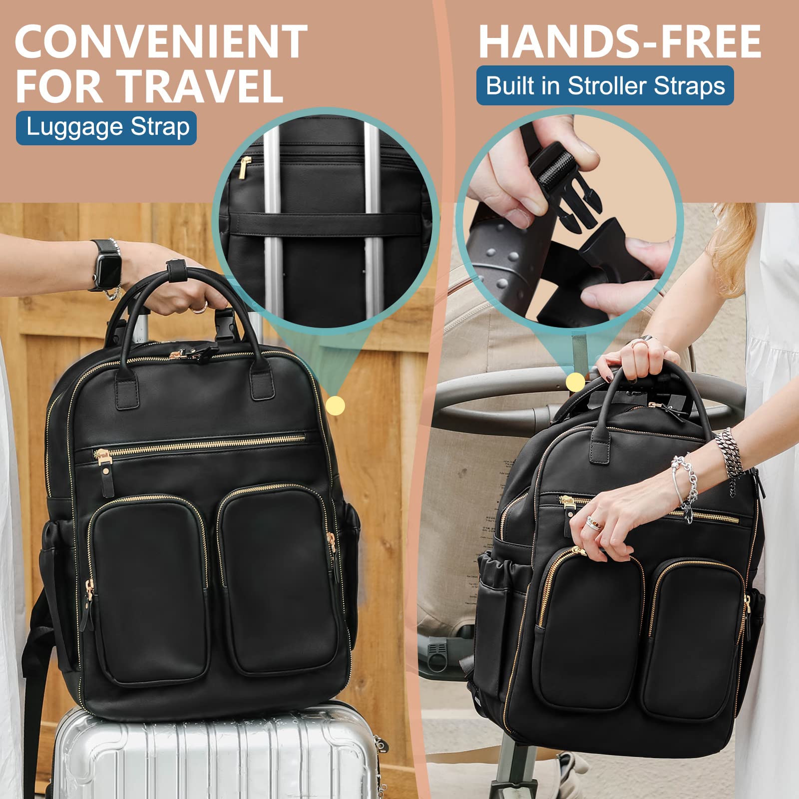 MOMINSIDE diaper bag stroller-straps - attach to a stroller for hands-free travel.