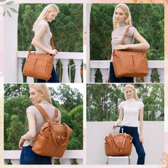 MOMINSIDE diaper bag tote back view highlighting hidden luggage sleeve for travel convenience.